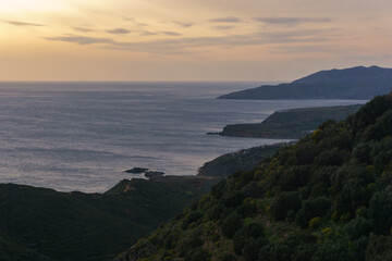 Scenic view at the picturesque mediterranean coast of the peninsula Mani during sunset, Peloponnese, Greece