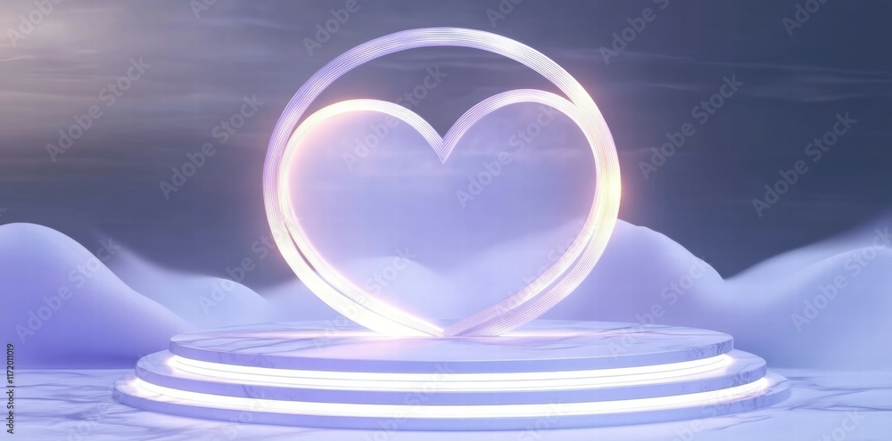 Poster a glowing heart shape on a pedestal surrounded by soft clouds, symbolizing love and connection.