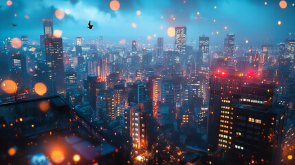 City lights glow under a stormy sky during nighttime in a vibrant urban landscape