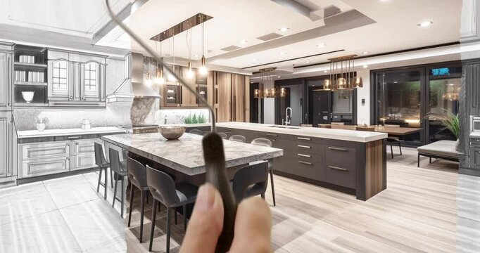 Before and After of Woman Using Painting Roller to Reveal Completed Custom Kitchen Under Unfinished Construction.