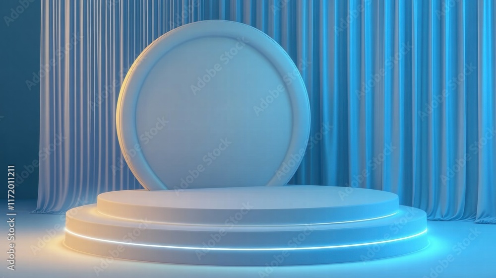 Poster a minimalist stage design with circular backdrop and soft lighting for presentations or events.