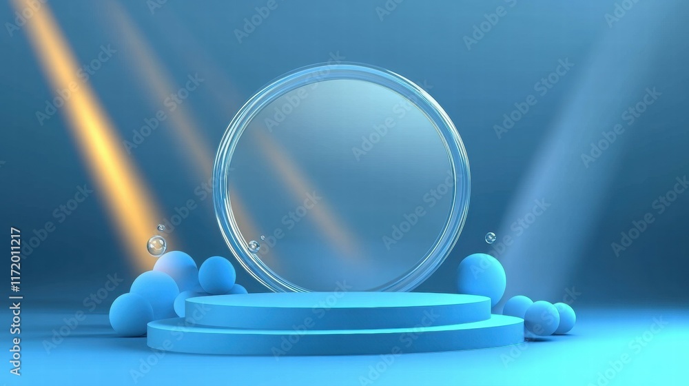Poster a minimalist blue stage with a circular mirror and soft lighting for presentations or displays.