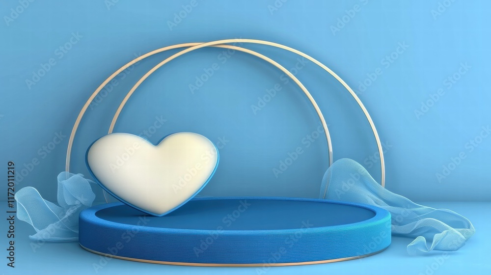 Poster A minimalist blue display featuring a heart shape and soft drapery, ideal for product showcases.