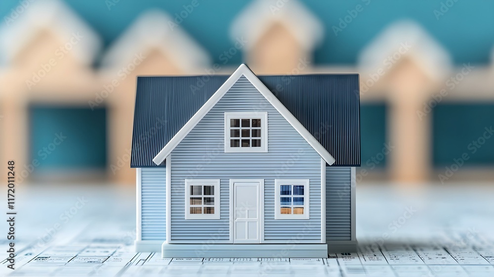 Poster miniature blue house model on blueprint background with soft focus effect highlighting architectural