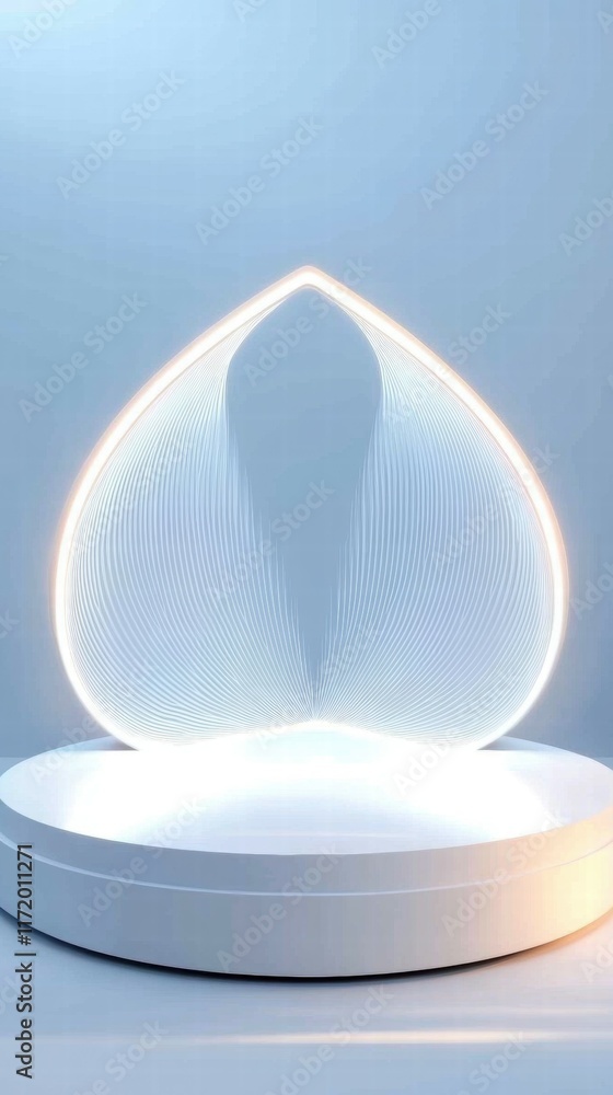 Poster a sleek, illuminated design resembling a heart shape on a minimalist pedestal.