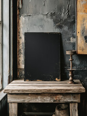 Dark moody still life featuring a blank black sign leaning against a rustic wooden table and textured wall. Perfect for adding your own text or design.