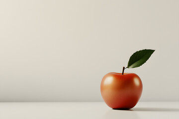 Ripe red apple with a glossy finish and green leaf on a white background