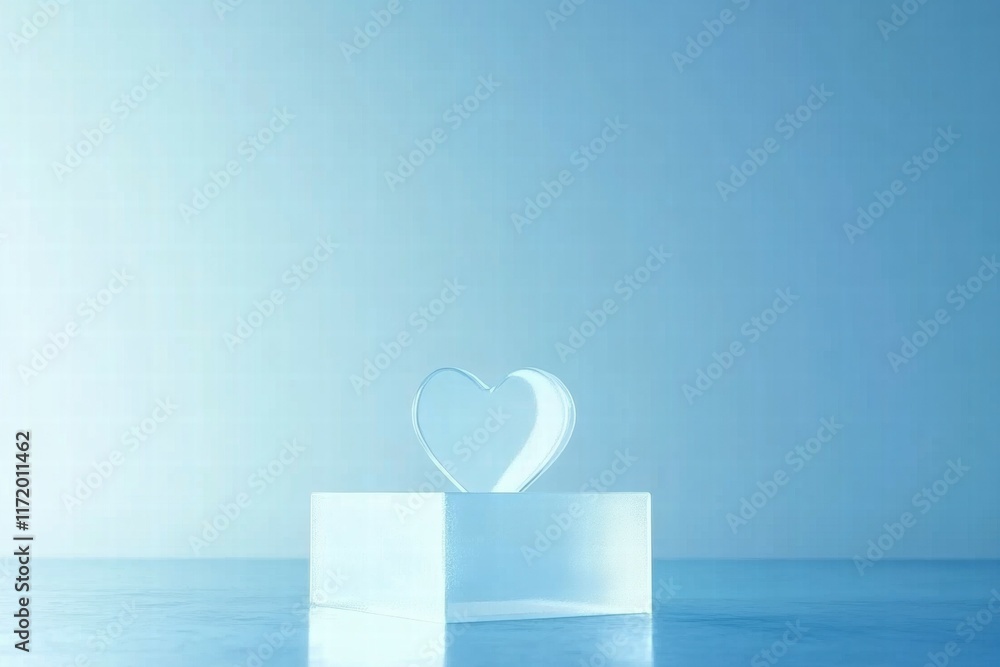Poster a translucent heart sculpture resting on a clear block against a soft blue background.