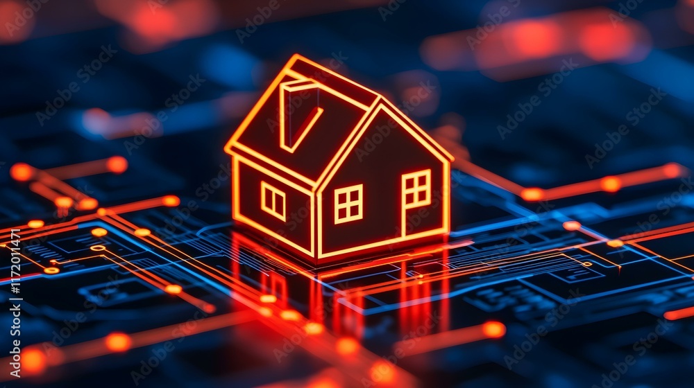 Aufkleber digital house icon on abstract circuit board background representing smart home technology and conne