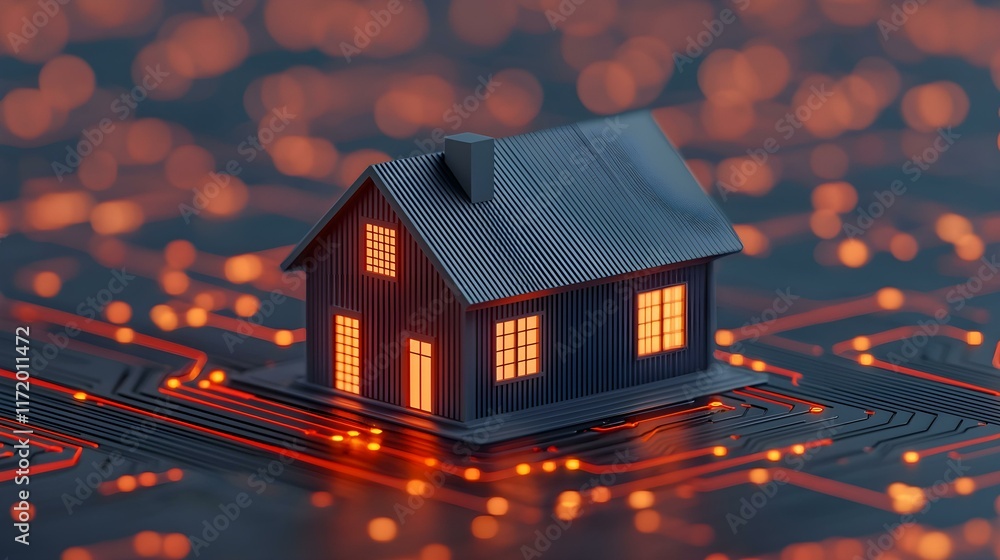 Poster modern conceptual house on digital circuit background representing smart technology and connectivity