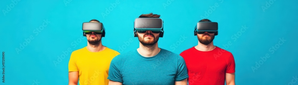 Poster group of three men engaged in virtual reality experience wearing advanced virtual glasses in a moder