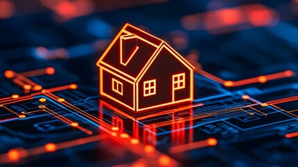Digital House Icon on Abstract Circuit Board Background Representing Smart Home Technology and Connectivity Solutions