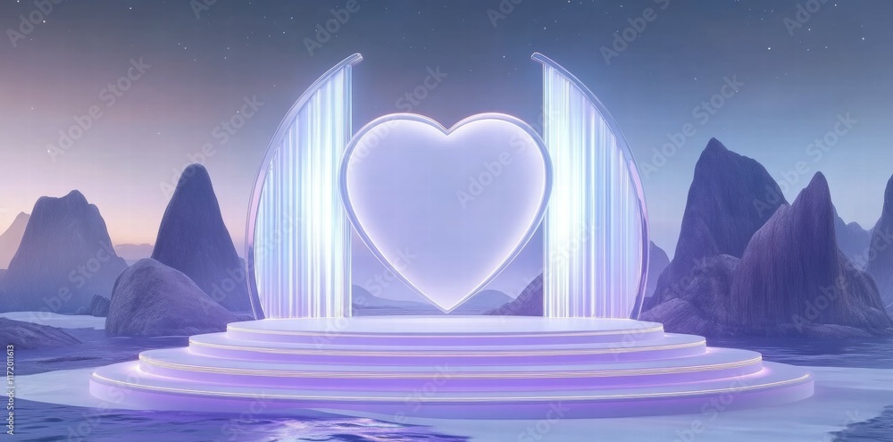 Poster a glowing heart-shaped structure on a serene platform, set against a tranquil landscape.
