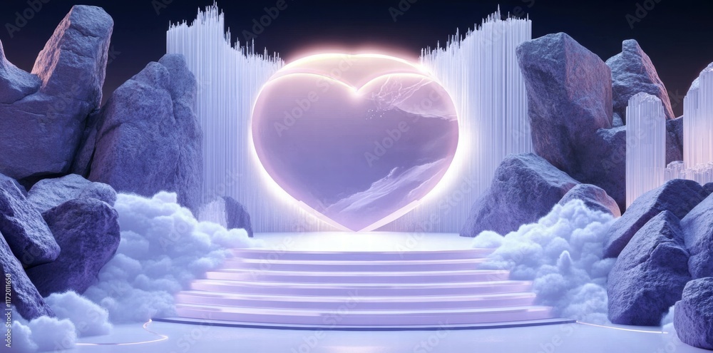 Poster a glowing heart surrounded by ethereal rocks and clouds, creating a dreamy atmosphere.