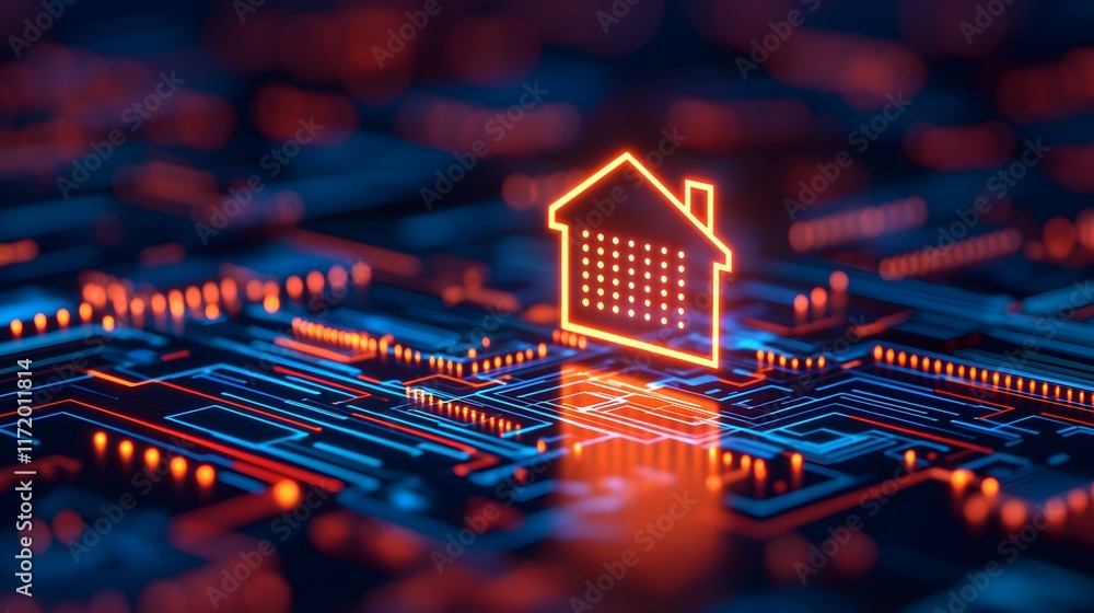 Aufkleber futuristic house icon on circuit board background with glowing lights and networking technology