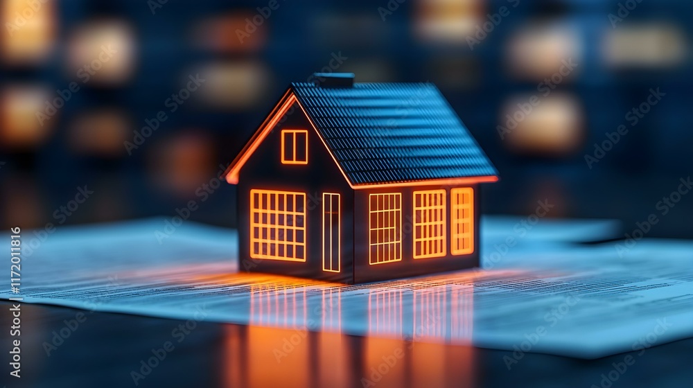 Poster illuminated model house on documents with soft focus background for real estate concepts and home in