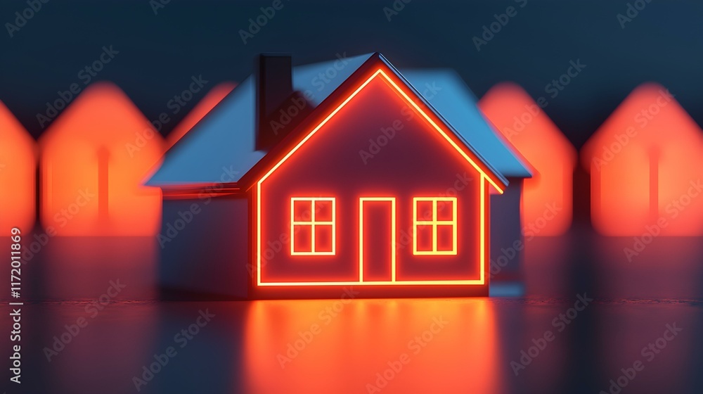 Poster illuminated house model on dark background with glowing houses in the distance creating a surreal at