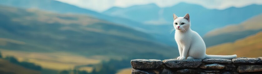 Obraz premium White cat perched on a stone wall, overlooking a valley, 3D illustration