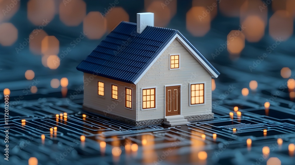 Poster miniature model of a house on a circuit board with soft glowing lights in a dreamy background