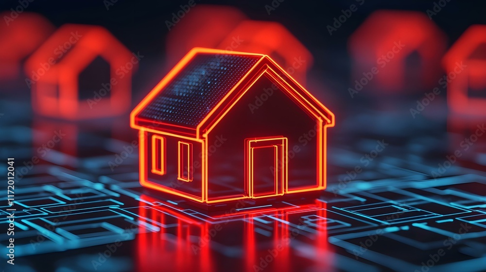 Poster futuristic digital house icon with neon glow on high-tech background representing smart home technol