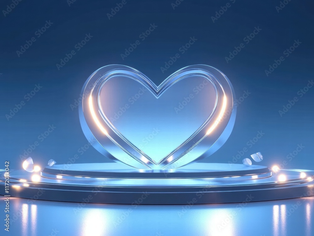 Poster a glowing heart-shaped sculpture on a circular platform with soft lighting.
