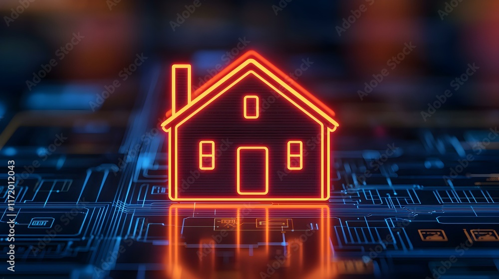 Poster neon house symbol on futuristic digital background with circuit patterns and glowing effects