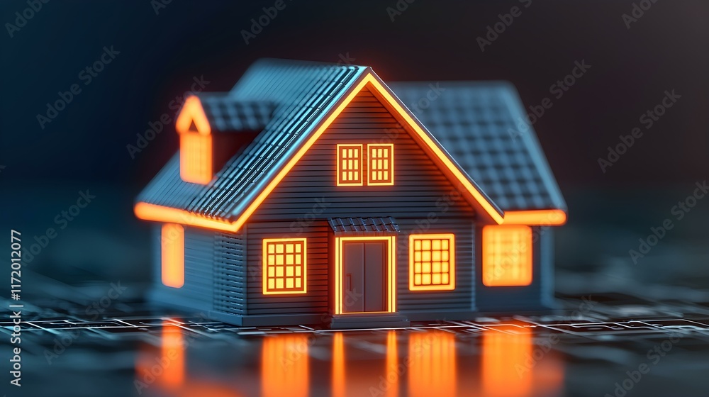Aufkleber miniature house model with glowing outline placed on digital background representing smart home tech