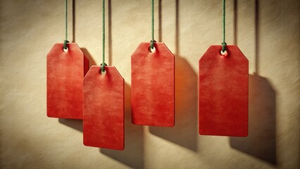 Hanging vintage red sale tags, shadow-draped, against a clean background.  Retro price labels offer discounts.