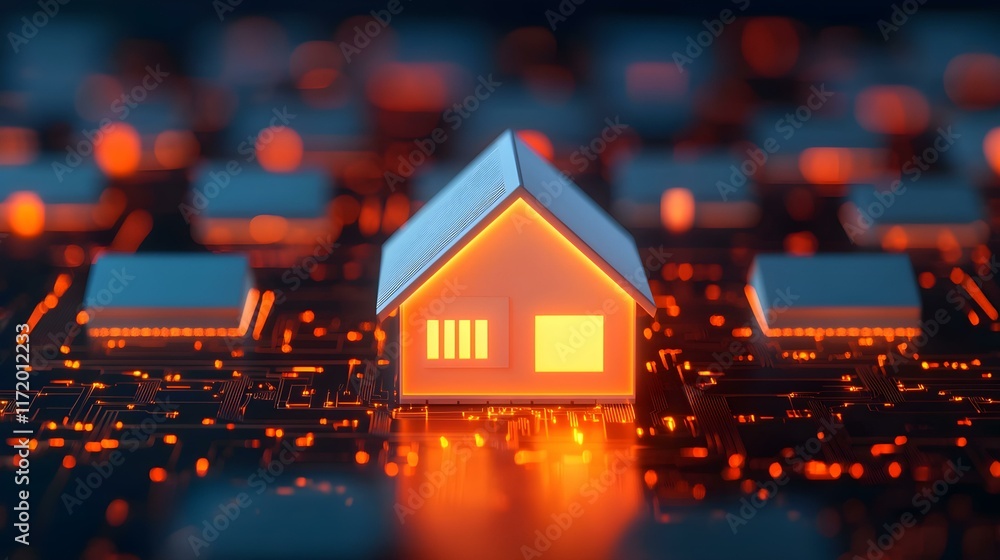 Poster modern home concept surrounded by digital circuitry representing smart technology integration and fu