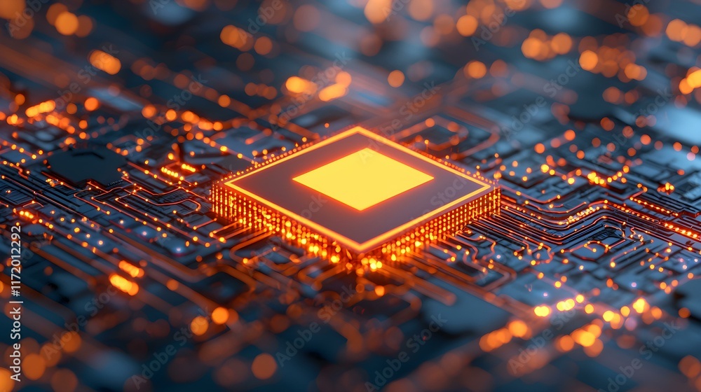 Poster abstract close-up of a glowing microchip on a circuit board with vibrant orange lights and intricate