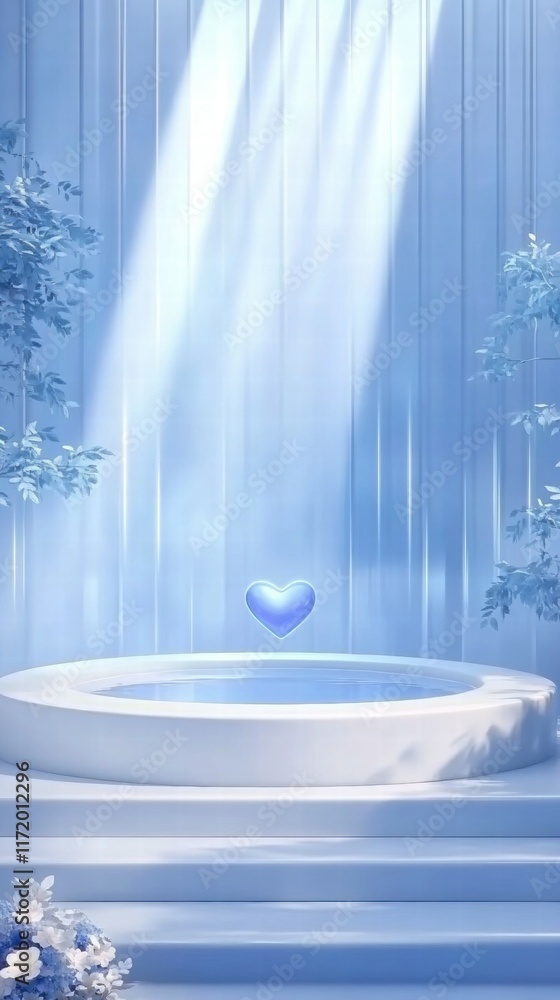 Poster a serene blue scene featuring a heart-shaped object above a circular platform in soft light.