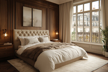 Elegant Parisian Bedroom With Wooden Walls And City View