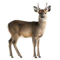 Fototapeta premium Young male deer standing, wildlife, nature, white background, animal photography.