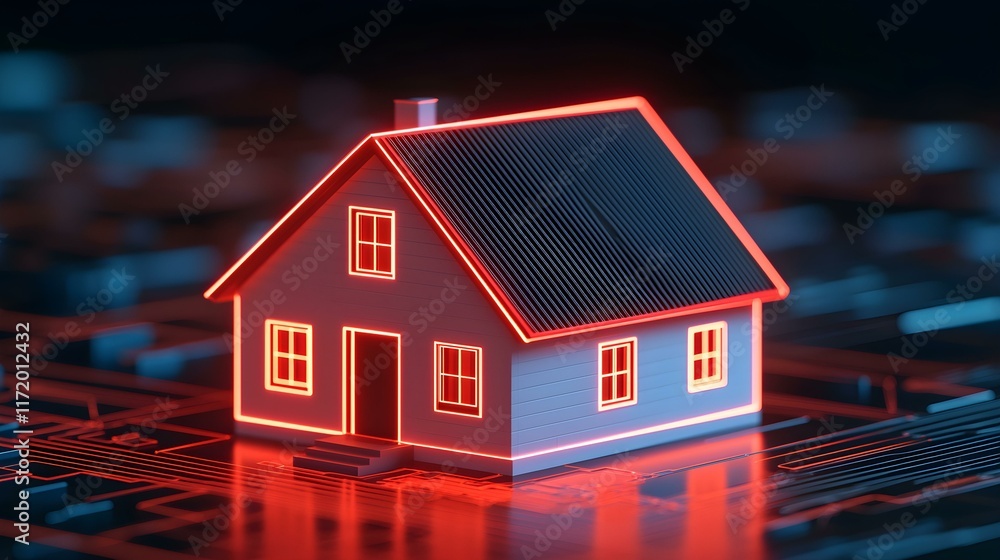 Poster futuristic digital house model with glowing outline on circuit board background representing smart h