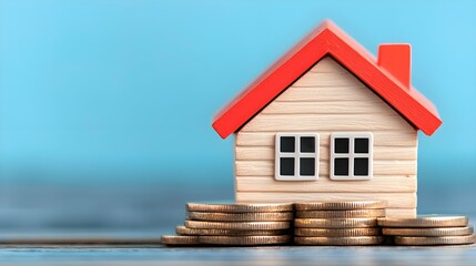 Model house with red roof on stacked coins symbolizing real estate investment and financial growth in property market