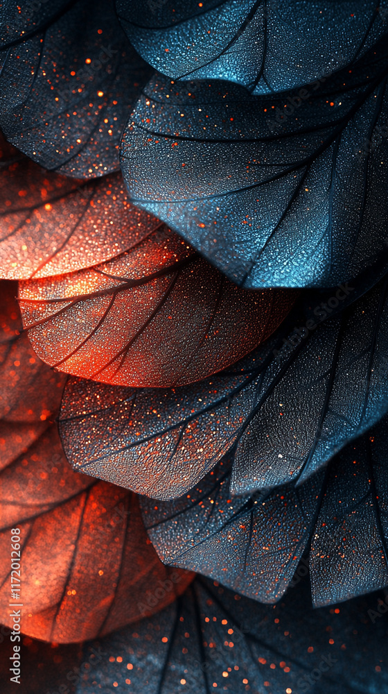 Poster close-up of overlapping leaves with blue and red tones and glittering texture.