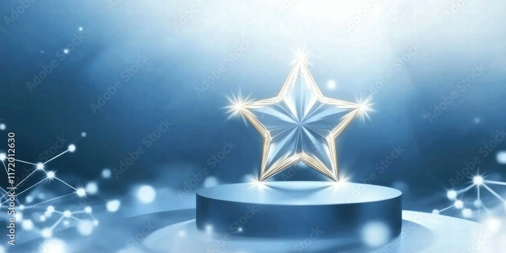 Poster a shiny star on a podium with a sparkling background, symbolizing achievement or recognition.
