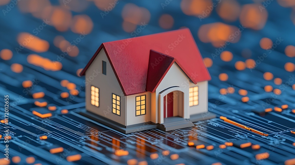Poster conceptual image of a miniature house on a digital circuit board representing smart home technology 