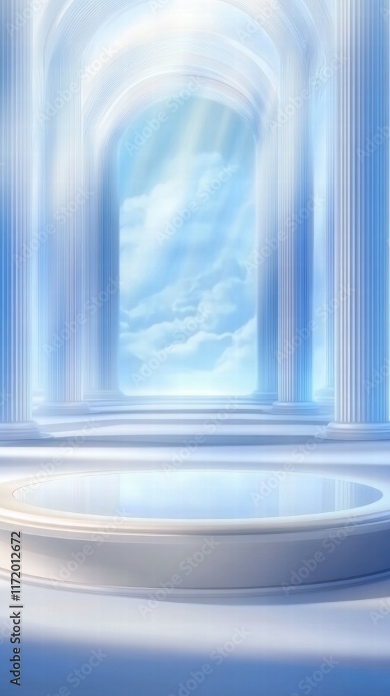 Fototapete a serene, ethereal space with columns and a reflective pool under a bright sky.
