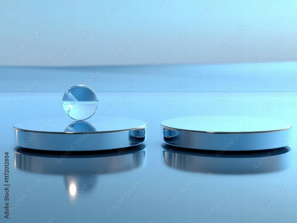 Fototapete two polished circular objects with a sphere on one, reflecting a serene blue background.