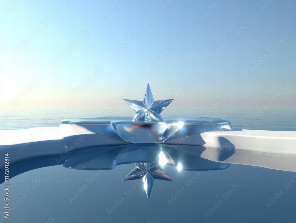 Poster a serene water feature with a star-shaped sculpture reflecting in calm waters.