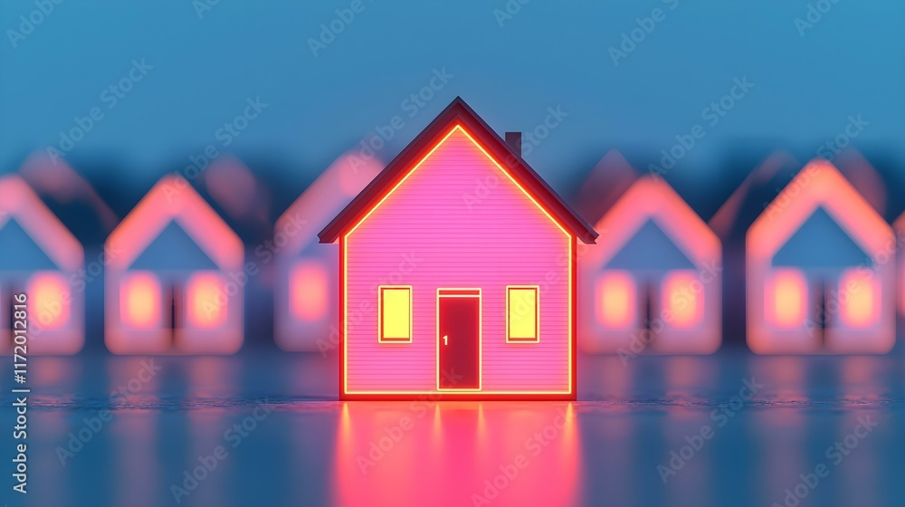 Poster abstract representation of illuminated house with soft focus background showing multiple houses in a