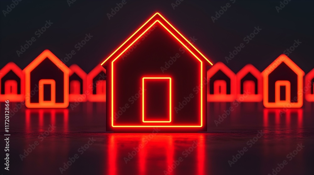 Poster neon illuminated house outlines reflecting light in dark space with soft glow creating a modern ambi