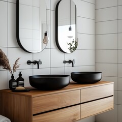 Contemporary bathroom with dual black basins, wooden vanity, and round mirrors