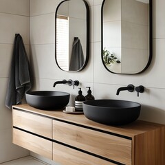 Contemporary bathroom with dual black basins, wooden vanity, and round mirrors