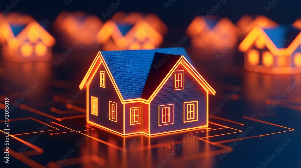 Poster digital model of a house with neon lights on a circuitry background representing smart home technolo