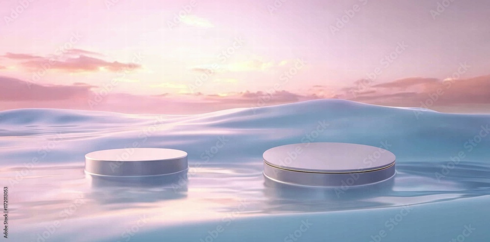 Poster Two circular objects partially submerged in calm water against a pastel sky.