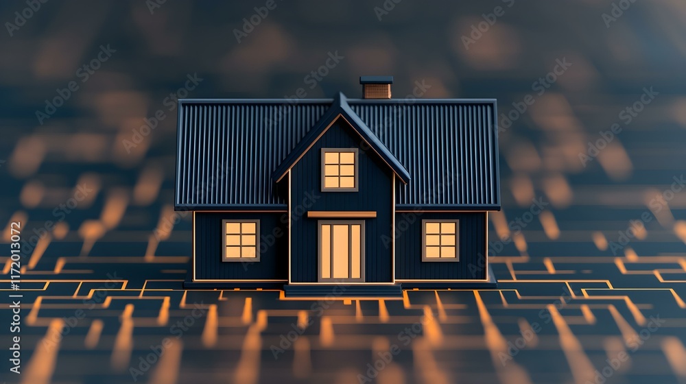 Aufkleber digital model of a house on a conceptual smart city background with technology elements and innovati