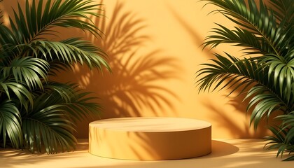 Obraz premium Summery Minimalist Palm Leaves and Yellow Platform