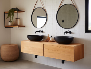 Contemporary bathroom with dual black basins, wooden vanity, and round mirrors
